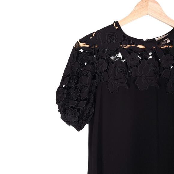Shoshanna Anthropologie Womens Dress 0 Black Floral Lace A Line Mini Puff Sleeve - Picture 4 of 13
